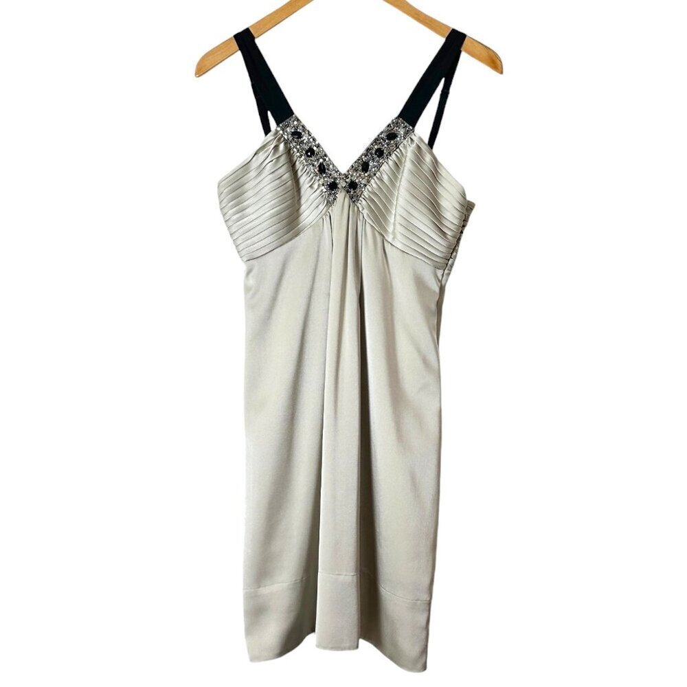 BCBG MAXAZRIA Beaded/Sequined Neckline Cream Pleated Dress size 8P